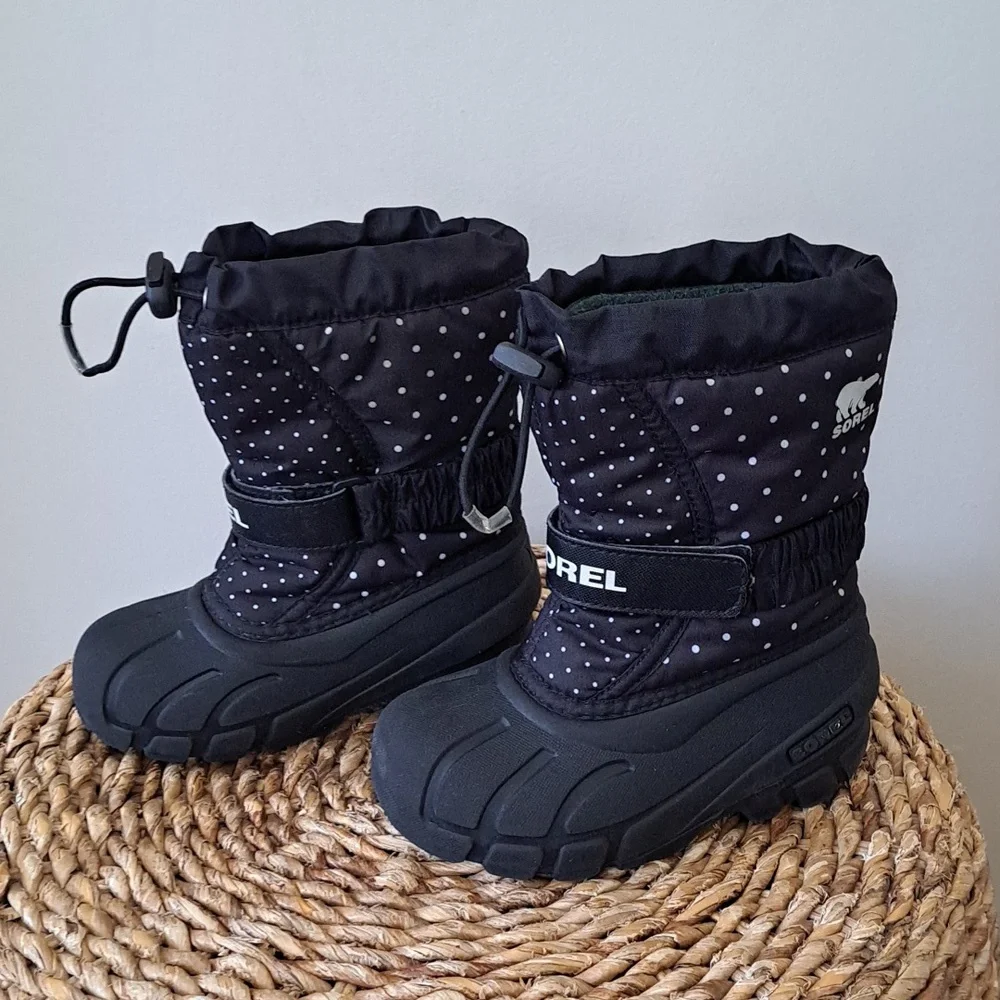 Sorel Toddler Girls Snow‎ Flurry Black Polka Dot Winter Waterproof Boots S-10